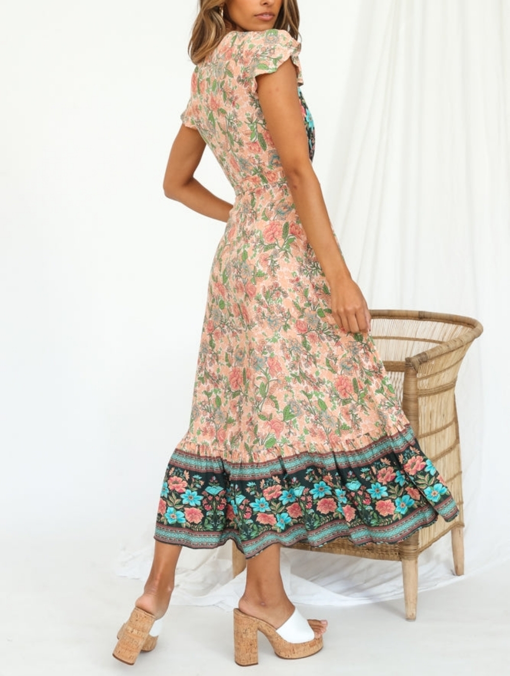 Bohemian Peach Floral Wrap And Tie Maxi Dress with Contrasting Border Size L - Picture 2 of 16